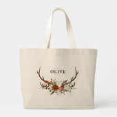 水彩鹿の花柄テラコッタ モダンエレガント ラージトートバッグ (裏面)