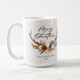 水彩鹿の花柄 メリークリスマス コーヒーマグカップ