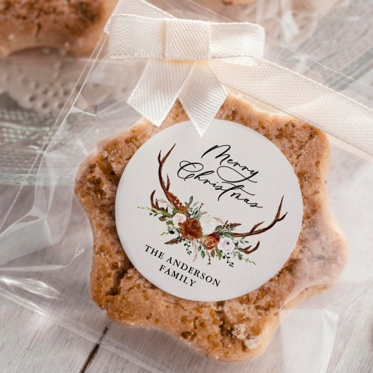 水彩鹿の花柄 メリークリスマス ラウンドシール