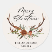 水彩鹿の花柄 メリークリスマス ラウンドシール (正面)