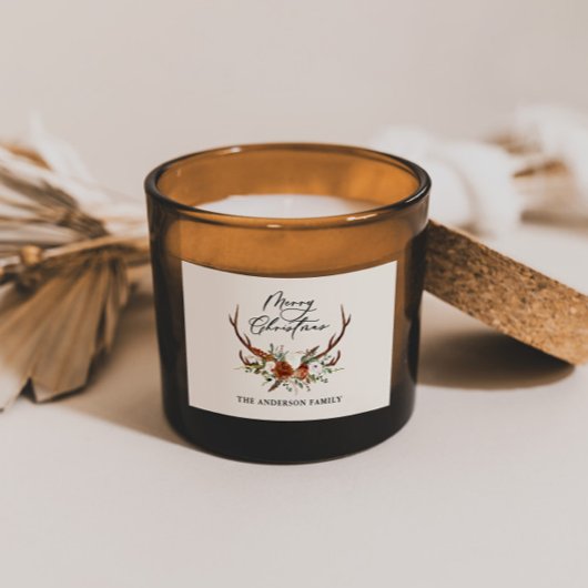 水彩鹿の花柄 メリークリスマス 長方形シール