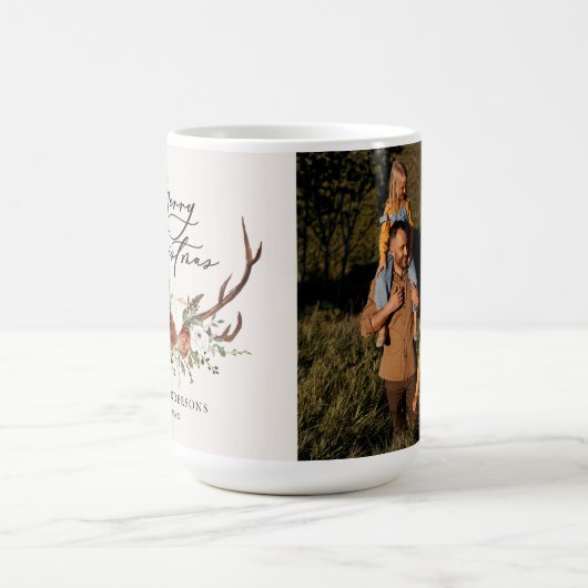 水彩鹿の花模様のクリスマスカード コーヒーマグカップ (中央)