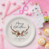 水彩鹿の花模様のクリスマス ペーパープレート (パーティー)