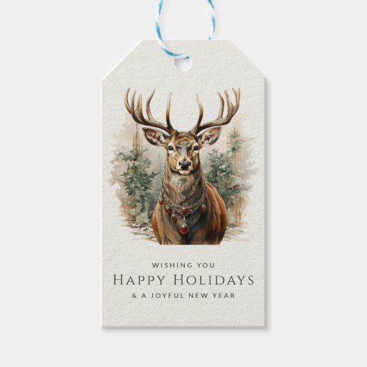 水彩鹿トナカイパーソナライズされたクリスマス ギフトタグ (正面)