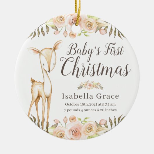 水彩鹿ベビーの初めてのクリスマス写真 セラミックオーナメント (正面)