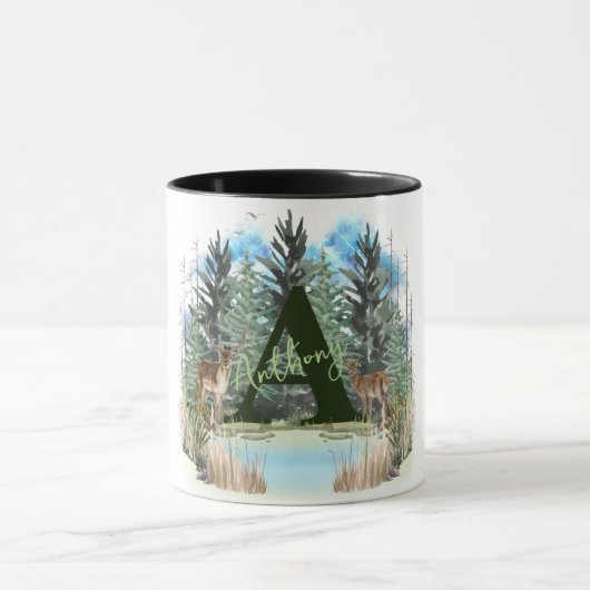 水彩鹿モノグラパーソナライズされたム文字A マグカップ (中央)