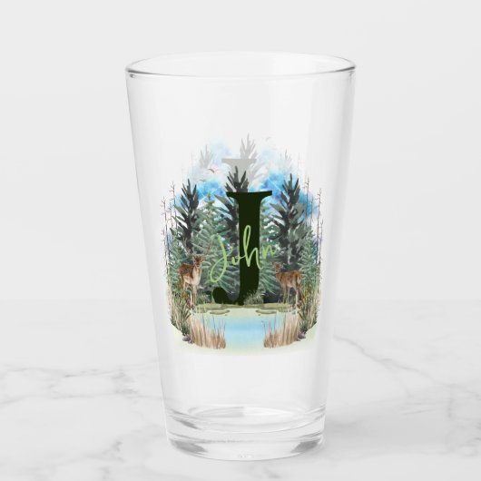 水彩鹿モノグラムパーソナライズされた文字J タンブラーグラス (正面)