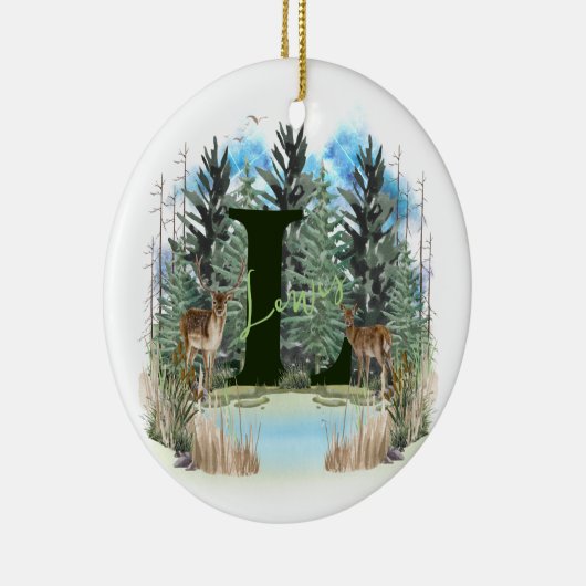 水彩鹿モノグラムパーソナライズされた文字L セラミックオーナメント (右)
