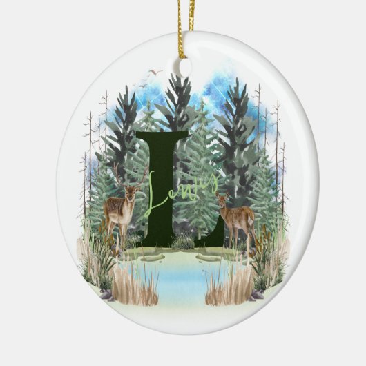 水彩鹿モノグラムパーソナライズされた文字L セラミックオーナメント (左)