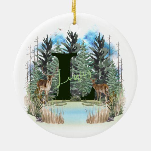 水彩鹿モノグラムパーソナライズされた文字L セラミックオーナメント (裏面)