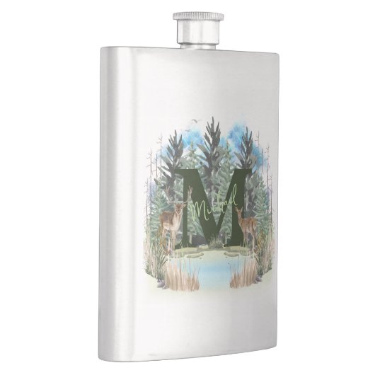 水彩鹿モノグラムパーソナライズされた文字M フラスク (右)