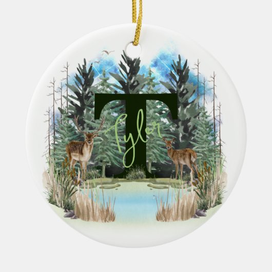 水彩鹿モノグラムパーソナライズされた文字T セラミックオーナメント (正面)
