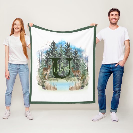 水彩鹿モノグラムパーソナライズされた文字U フリースブランケット (インサイチュ)