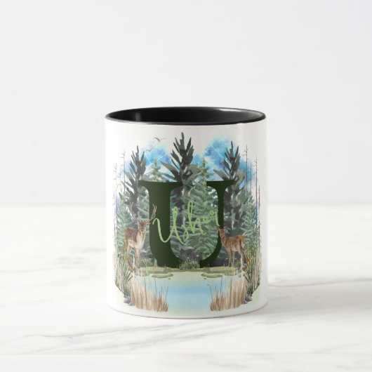 水彩鹿モノグラムパーソナライズされた文字U マグカップ (中央)