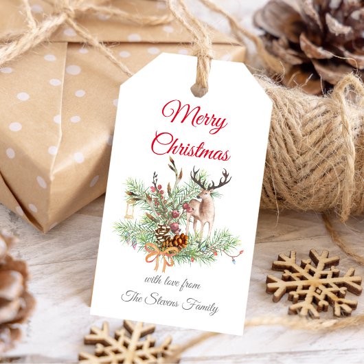水彩鹿付きクリスマスパインと松コーン ギフトタグ