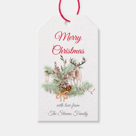 水彩鹿付きクリスマスパインと松コーン ギフトタグ (正面)