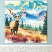 水彩鹿(〔雄ジカの〕枝角付) キャンバスプリント (インサイチュ (ウッドフロア))