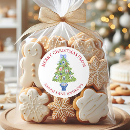 水彩麻雀クリスマスツリーギフト ラウンドシール