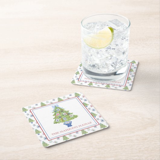 水彩麻雀クリスマスツリーパーティー スクエアペーパーコースター (インサイチュ)