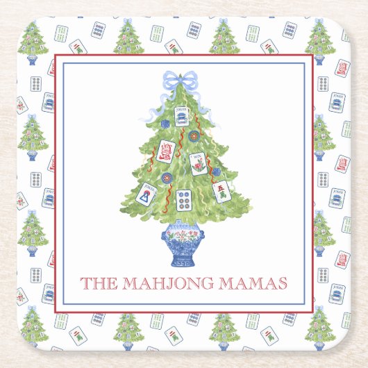 水彩麻雀クリスマスツリーパーティー スクエアペーパーコースター (正面)