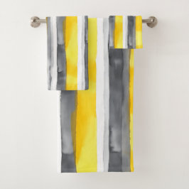 水彩黄灰色ストライプの白 バスタオルセット