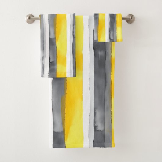水彩黄灰色ストライプの白 バスタオルセット (インサイチュ)