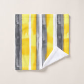 水彩黄灰色ストライプの白 バスタオルセット (ウォッシュタオル)