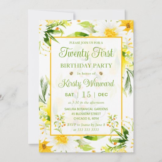 水彩黄白デイジー21歳の誕生日 招待状 (正面)