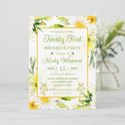 水彩黄白デイジー21歳の誕生日 招待状 (スタンド正面)