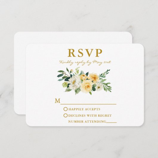 水彩黄白色フローラエレガント金ゴールド 出欠カード (正面/裏面)