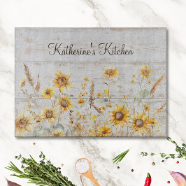 水彩黄素朴ひまわり庭木 カッティングボード
