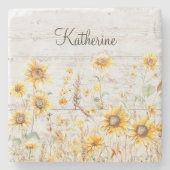 水彩黄素朴ひまわり庭木 ストーンコースター (正面)