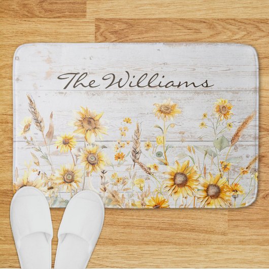 水彩黄素朴ひまわり庭木 バスマット