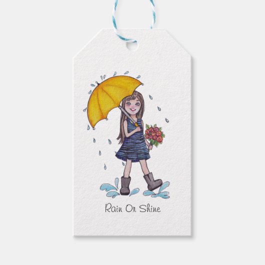 水彩黄色い傘を持つ少女 ギフトタグ (正面)