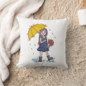 水彩黄色い傘を持つ少女 クッション (ブランケット)