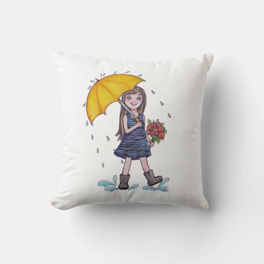 水彩黄色い傘を持つ少女 クッション (正面)