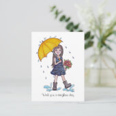 水彩黄色い傘を持つ少女 ポストカード (スタンド正面)