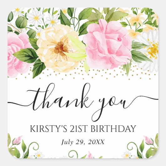 水彩黄色とピンクの花の誕生日パーティー スクエアシール (正面)