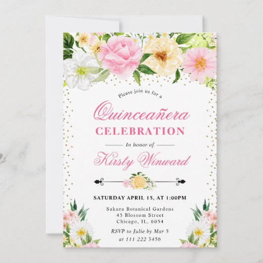 水彩黄色とピンクの花キンセアニェラ 招待状 (正面)