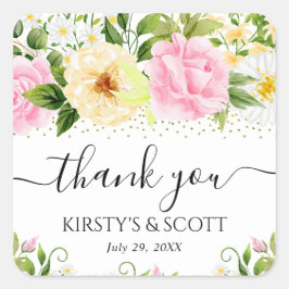 水彩黄色とピンクの花結婚の色 スクエアシール