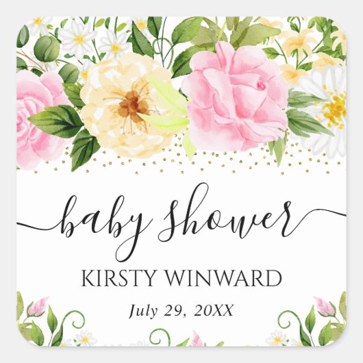 水彩黄色とピンクの花赤ちゃんシャワー スクエアシール (正面)