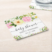 水彩黄色とピンクの花赤ちゃんシャワー スクエアペーパーコースター (アングル)