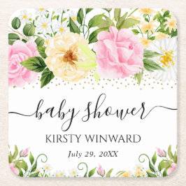 水彩黄色とピンクの花赤ちゃんシャワー スクエアペーパーコースター