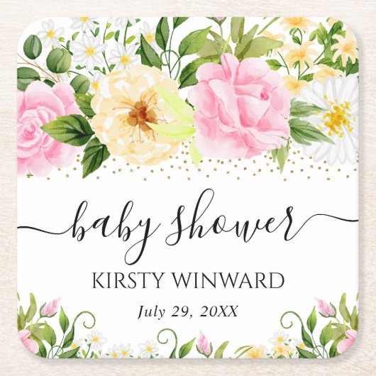 水彩黄色とピンクの花赤ちゃんシャワー スクエアペーパーコースター (正面)