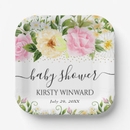 水彩黄色とピンクの花赤ちゃんシャワー ペーパープレート