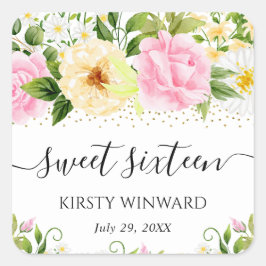 水彩黄色とピンクの花Sweet sixteen スクエアシール