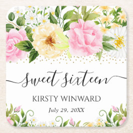 水彩黄色とピンクの花Sweet sixteen スクエアペーパーコースター