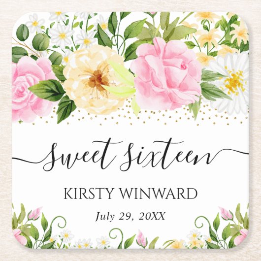 水彩黄色とピンクの花Sweet sixteen スクエアペーパーコースター (正面)