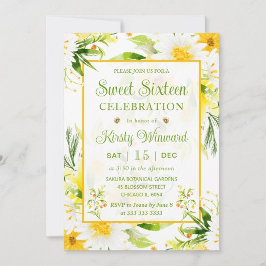 水彩黄色と白のデイジーSweet sixteen 招待状 (正面)