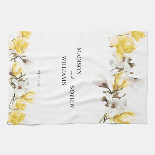 水彩黄色と白マグノリアの花 キッチンタオル (横)